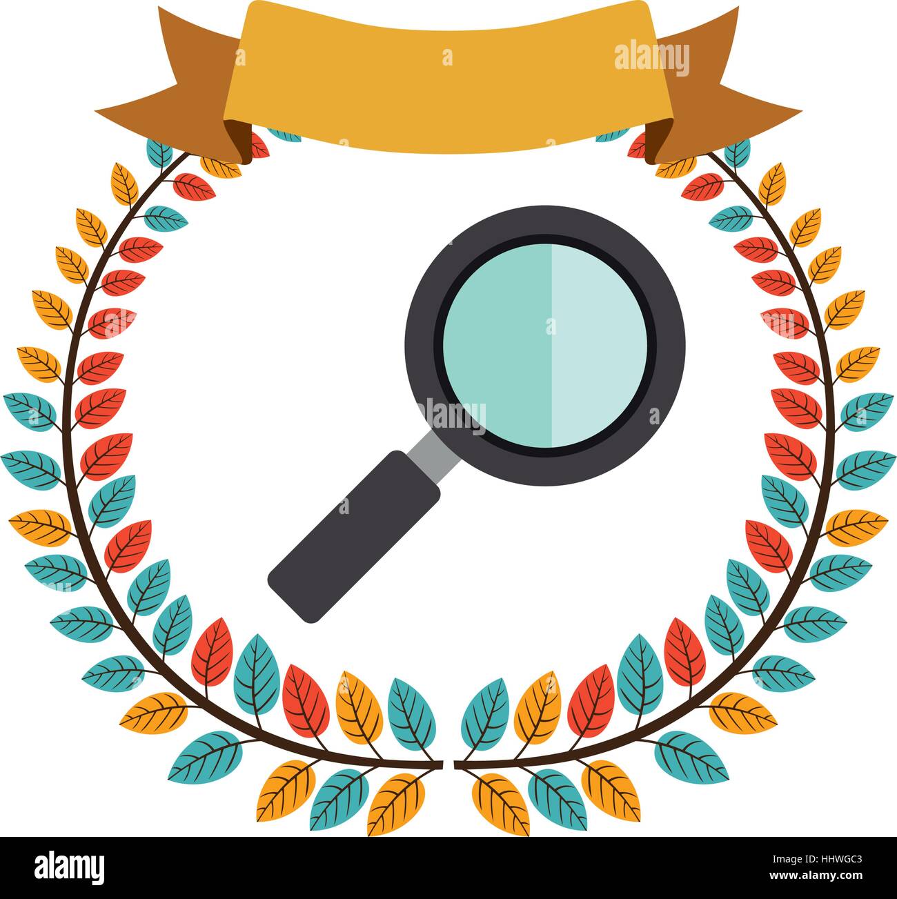 colorful olive crown with ribbon and magnifying glass vector