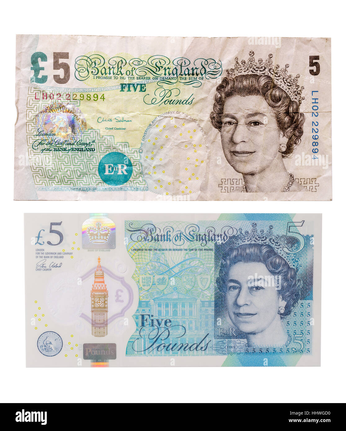 An old paper British five pound note above a new polymer, or plastic, £5 note Stock Photo