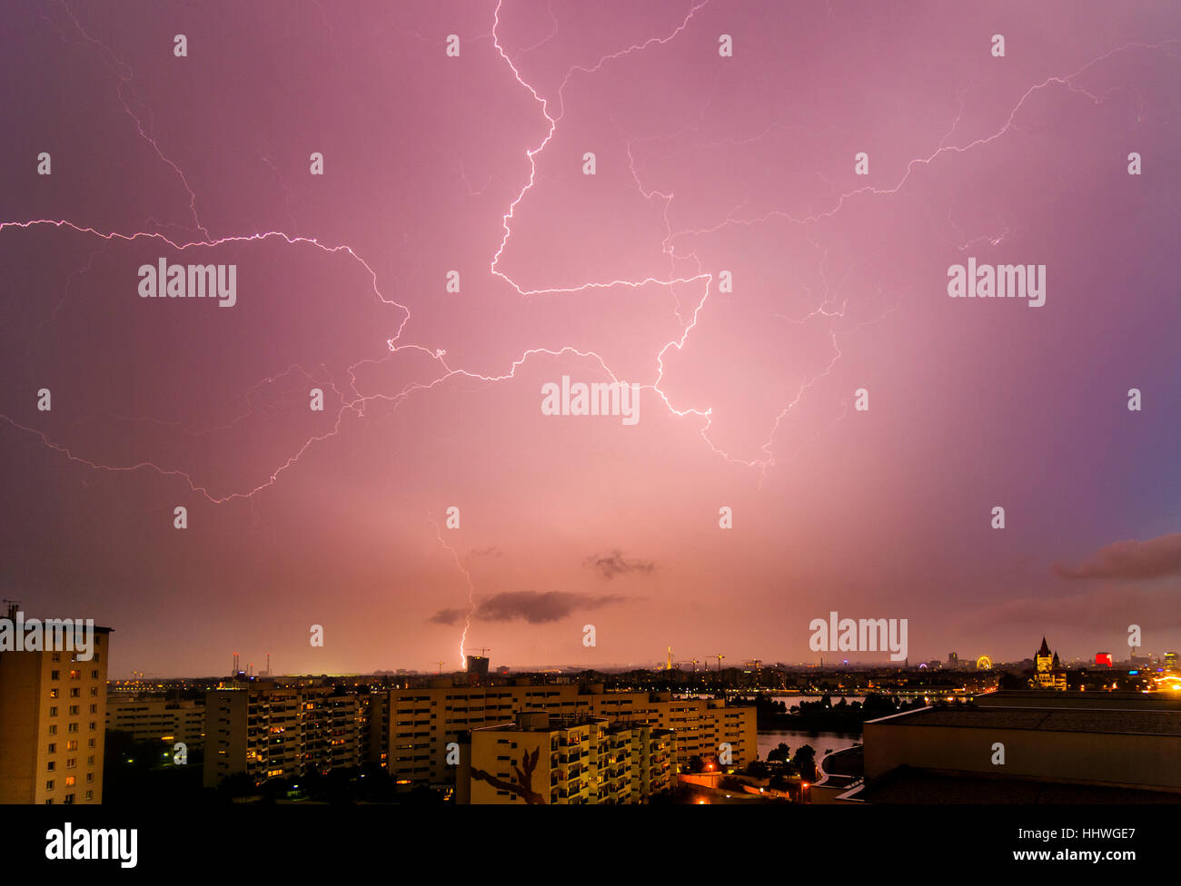 Wien, Vienna: Thunderstorm; Flash hits in the football stadium Happel stadium, 22., Wien, Austria Stock Photo
