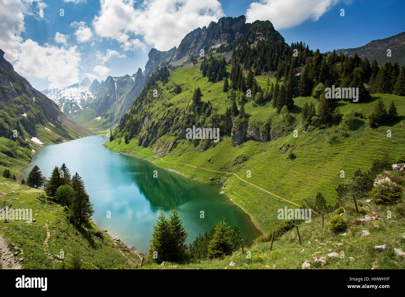 View of Lake Fählensee from Bollenwees Alp, Rüte, Canton of Appenzell Innerrhoden, Switzerland Stock Photo