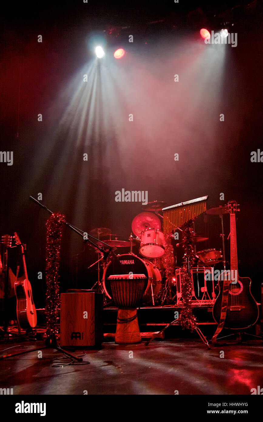Drum kit on stage at The Regent Centre, Christchurch, Dorset, England