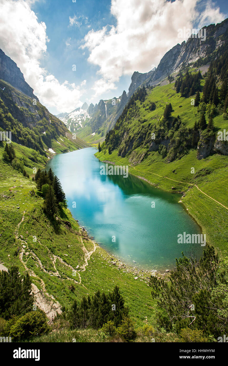 View of Lake Fählensee from Bollenwees Alp, Rüte, Canton of Appenzell Innerrhoden, Switzerland Stock Photo