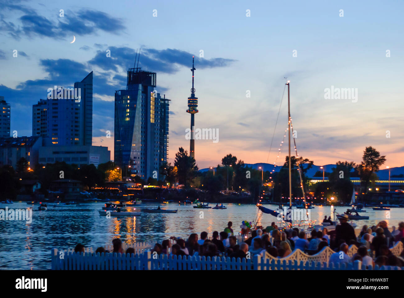 Wien, Vienna: Festival of lights on the Old Danube in front of the Donaucity and the Donauturm, 22., Wien, Austria Stock Photo