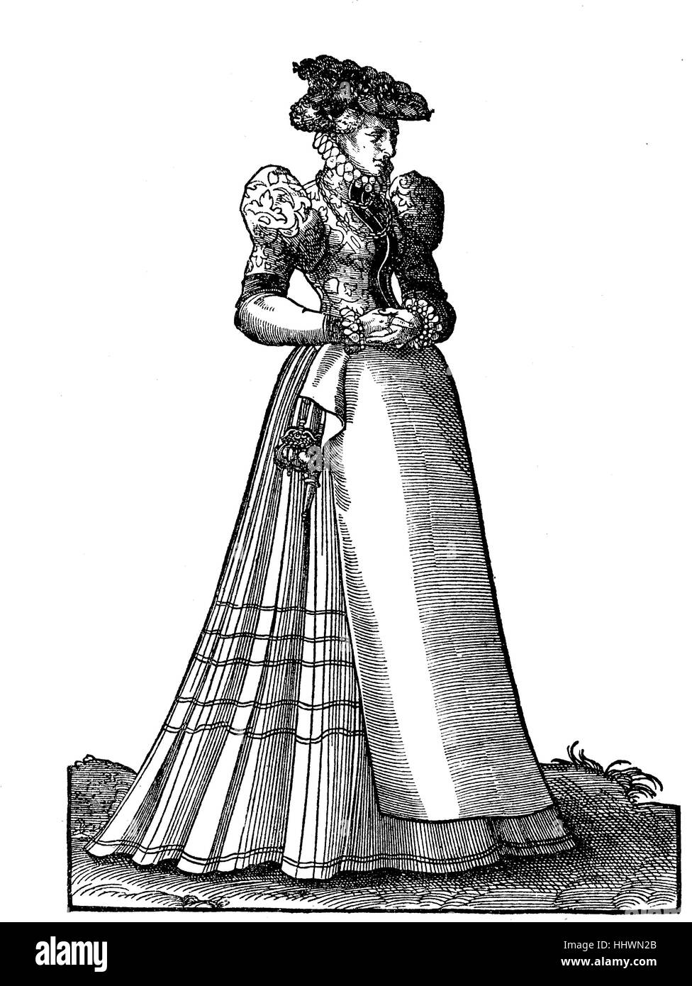 Clothes, costume of a Virgin of the nobility in Alsace, France, woodcuts of Jost Amman from Hans Weigels costume book, Nuremberg 1577, Germany, historical image or illustration, published 1890, digital improved Stock Photo