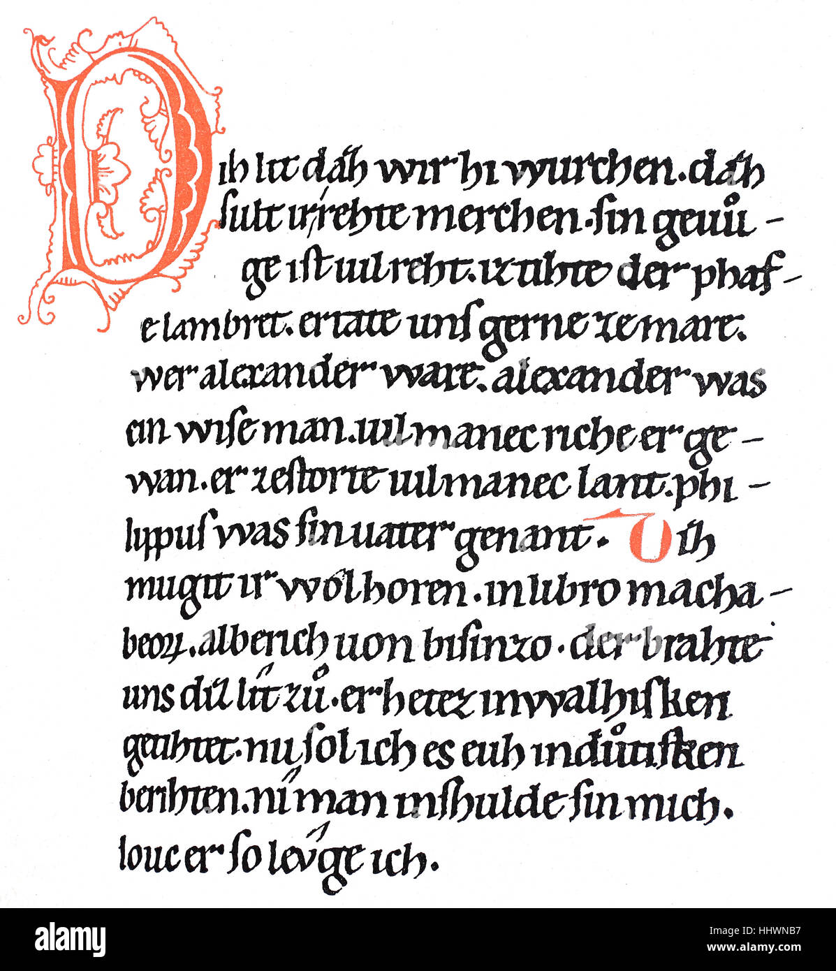 The beginning of the Alexander's song of the Pfaffen Lamprecht was founded around 1150 and thus stands at the beginning of the early epic in the German-speaking area, from the manuscript of the Abbey of Vorau, Austria, historical image or illustration, published 1890, digital improved Stock Photo
