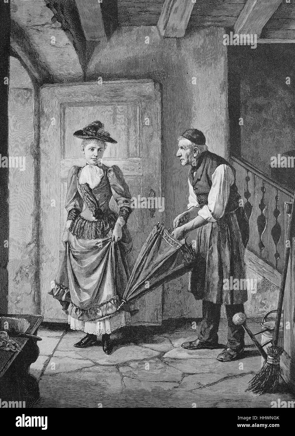 Disguised protection, old man offers an umbrella to a young woman, according to a painting by Marc Louis Benjamin Vautier in the Chronicle of 1894, Germany, historical image or illustration, published 1890, digital improved Stock Photo