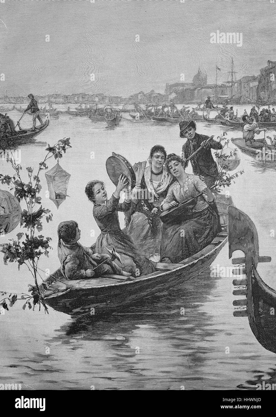 Lustige Fahrt, Funny ride, boat trip with music, after a painting by A. Paoletti, Italy, historical image or illustration, published 1890, digital improved Stock Photo