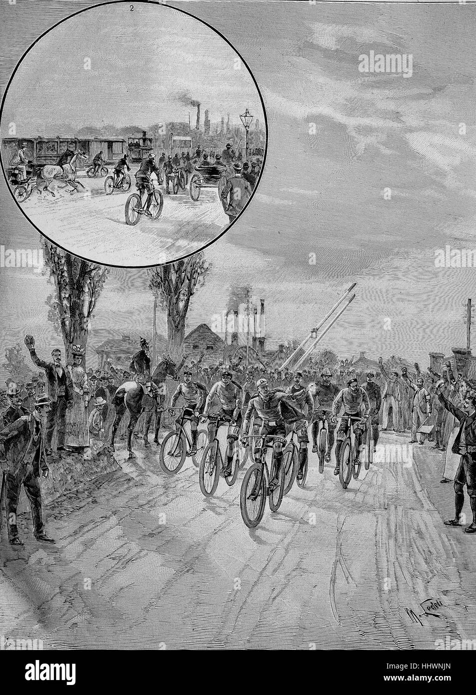 Distance-cycling Vienna - Berlin took place from 29 June to 30 June 1893, drawing by M. Ledeli, Austria, historical image or illustration, published 1890, digital improved Stock Photo
