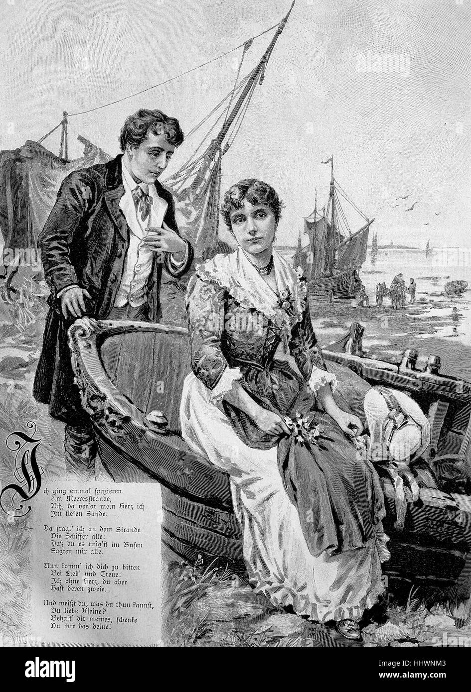Das verlorene Herz, the lost heart, young couple, original drawing by E Buffetti, Italy, historical image or illustration, published 1890, digital improved Stock Photo