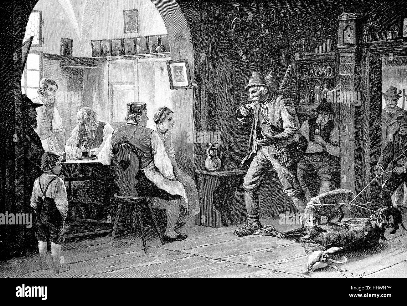 The master-shot, after the painting of Hugo Engl, huntsman brings his slaughtered game home, Austria, historical image or illustration, published 1890, digital improved Stock Photo