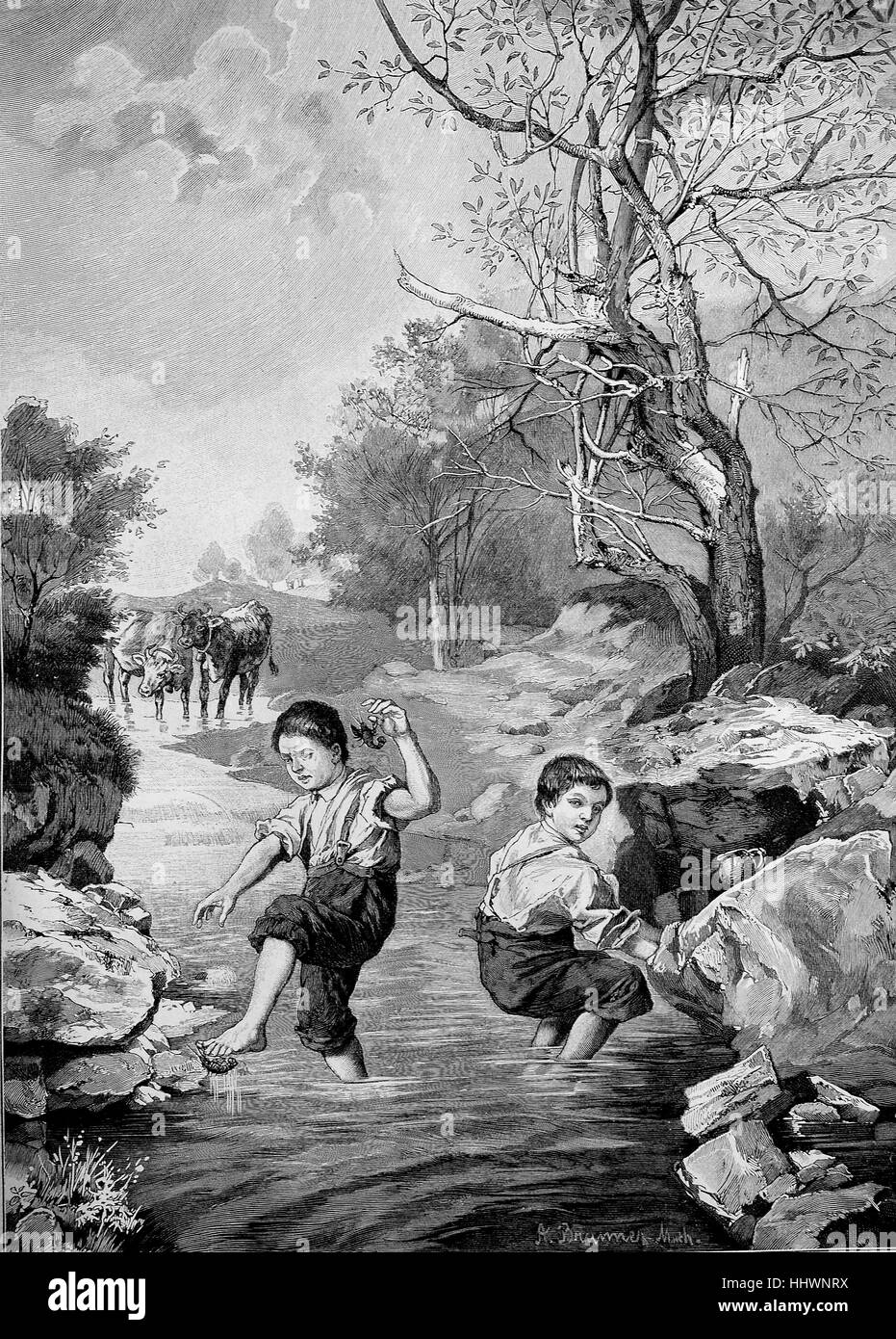 Grosses Pech, Big bad luck, little boy has a river cancer at the foot, Germany, historical image or illustration, published 1890, digital improved Stock Photo