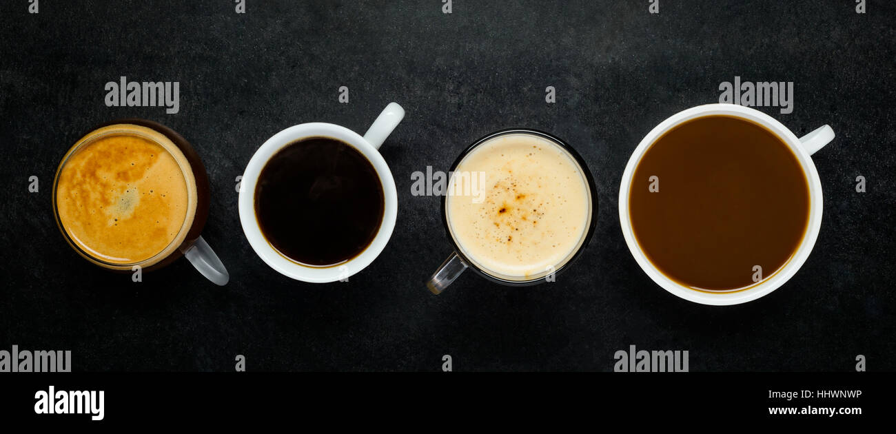 Different coffee and Cappuccino Types on Dark Background Stock Photo ...