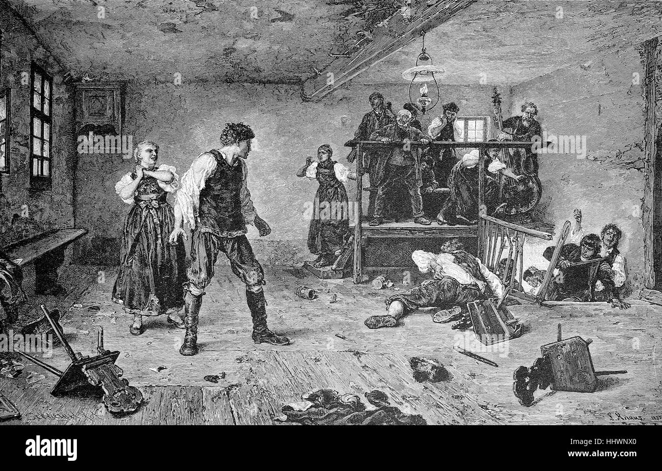 After a fight in an inn, Germany, historical image or illustration, published 1890, digital improved Stock Photo