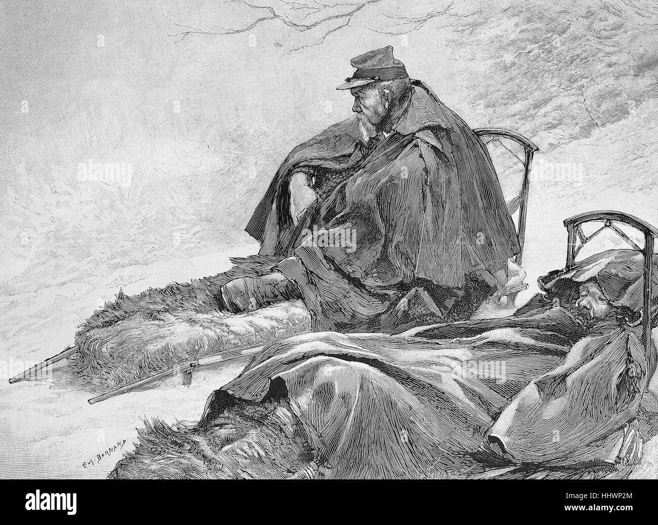 French customs guard at night service in winter in the countryside, France, historical image or illustration, published 1890, digital improved Stock Photo