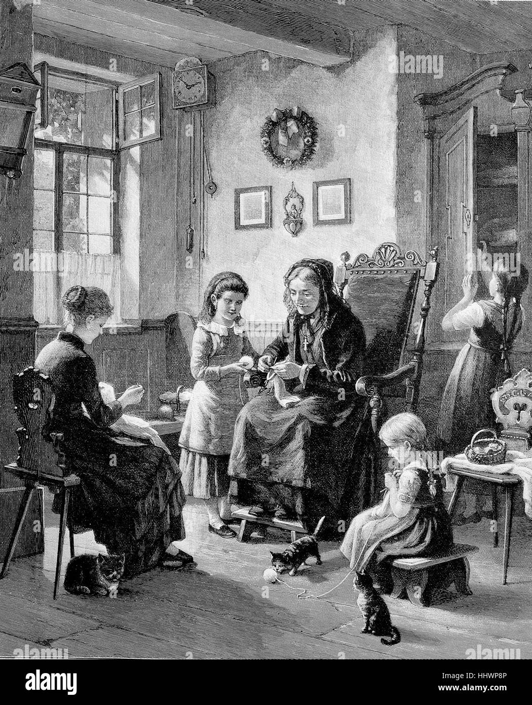 Knitting school, teacher teaches young girls knitting, according to a painting by H. Werner, Germany, historical image or illustration, published 1890, digital improved Stock Photo
