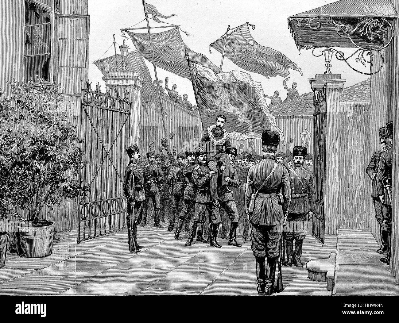Alexander I, Prince of Bulgaria, who was elected from 1879 to 1886, was carried by the Bulgarian officers to the princely Palace in Rustschuk, the last tribute before his resignation, historical image or illustration, published 1890, digital improved Stock Photo