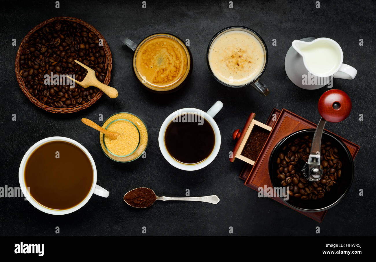 Different Coffee types and brewing ingredients on Dark Background Stock Photo