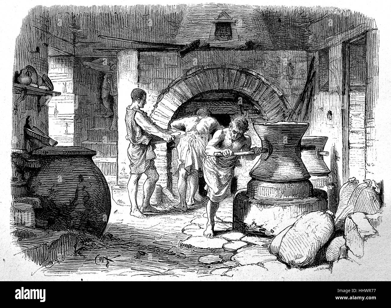 In a bakery in ancient Rome, Italy, historical image or illustration