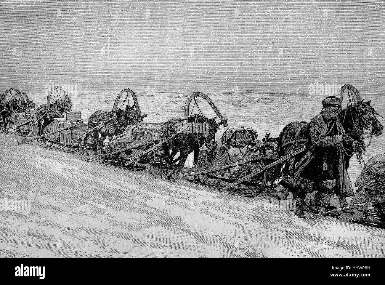 Russian tea transport with the horse sleigh in winter, historical image or illustration, published 1890, digital improved Stock Photo