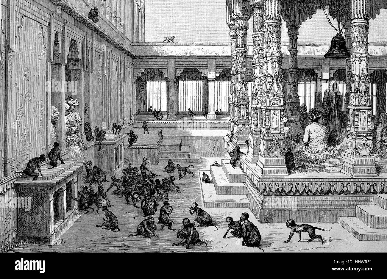 Inside the Affa Temple in Benares, one of the oldest cities in India, historical image or illustration, published 1890, digital improved Stock Photo