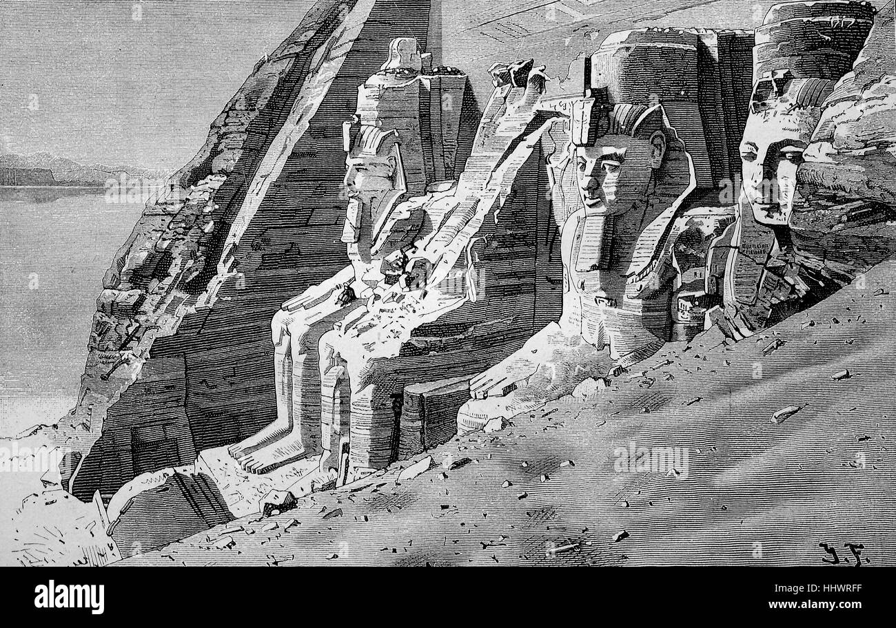 The Abu Simbel temples are massive rock temples at Abu Simbel, a village in Nubia, southern Egypt, historical image or illustration, published 1890, digital improved Stock Photo