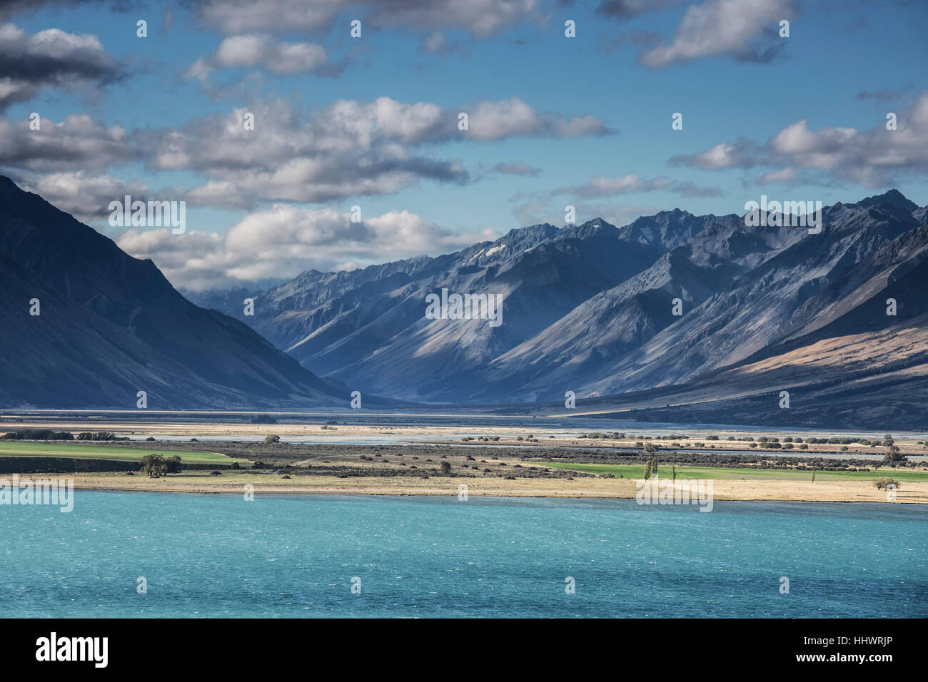 Scenic view of mountains and Lake Ohau, South Island New Zealand Stock ...