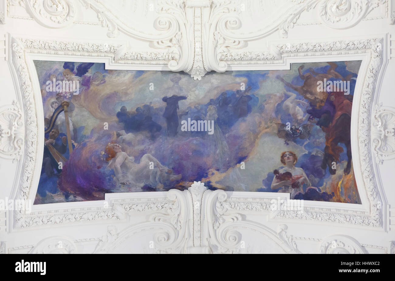 Allegorical ceiling painting Musical Fantasy (Glorification of Berlioz, 1917-1919) by French painter Alfred Roll in the south wing of the Petit Palais in Paris, France. Stock Photo