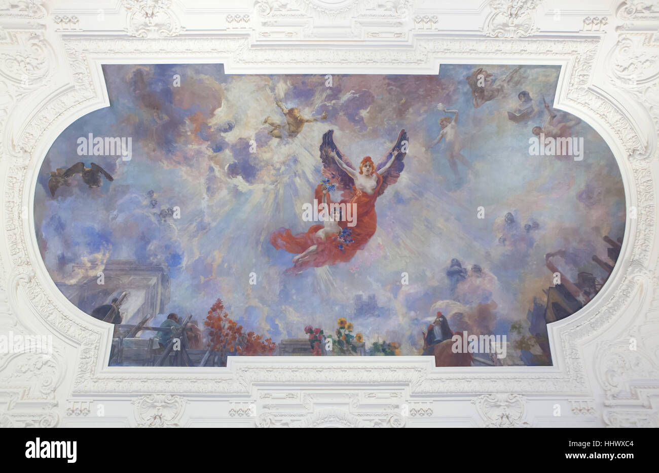 Allegorical ceiling painting Apotheosis (1913) by French painter Alfred Roll in the south wing of the Petit Palais in Paris, France. Stock Photo