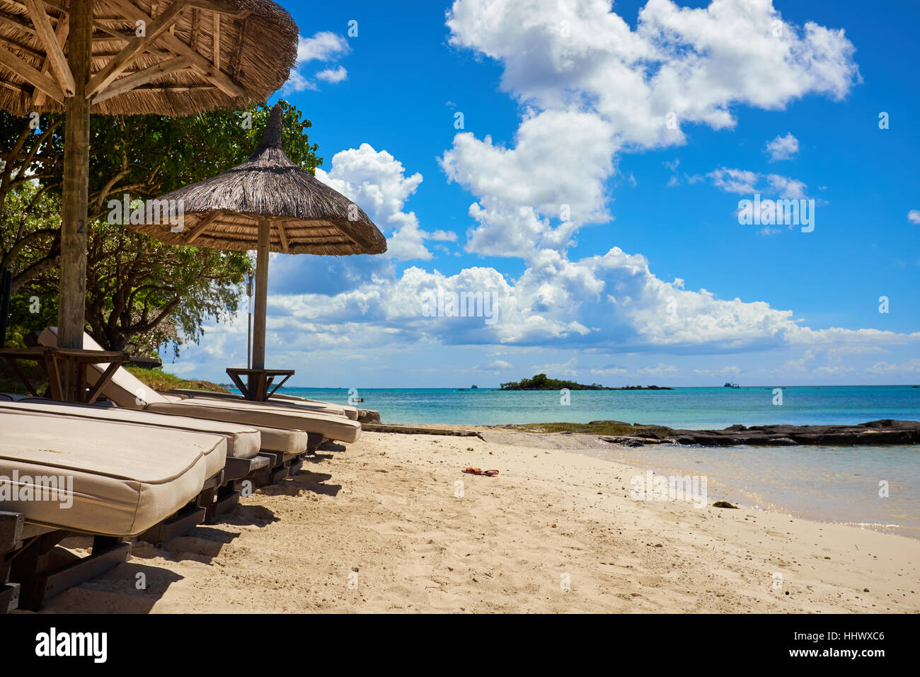 White sand beach with lounge chairs and umbrellas in Mauritius I Stock Photo