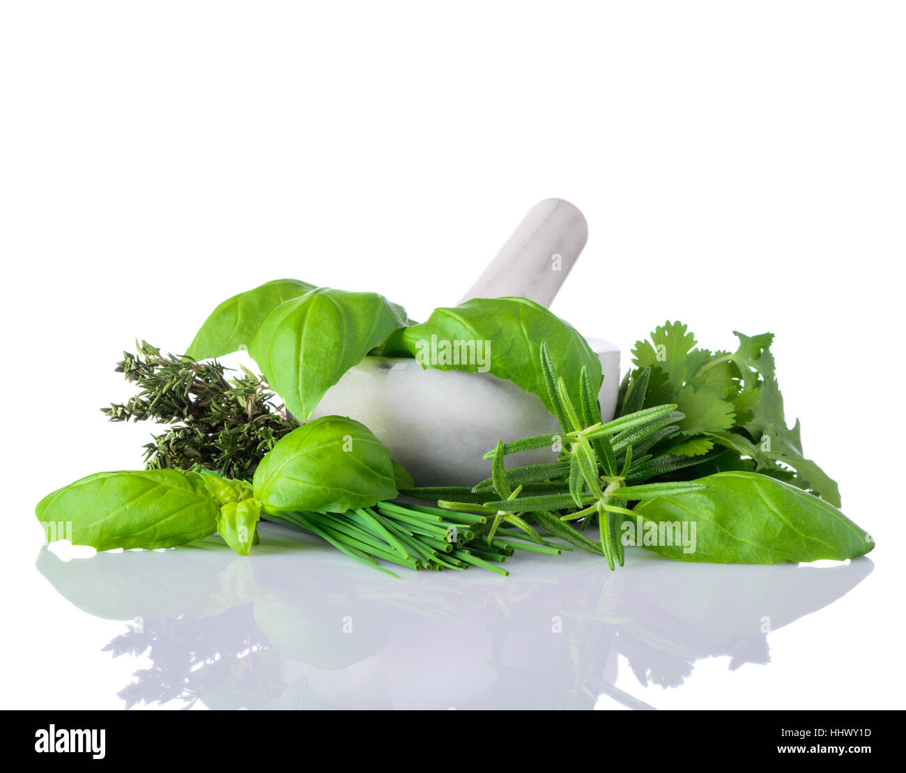 Basil, thyme, chive, rosemary and parsley in a white pestle and mortar isolated on white background Stock Photo