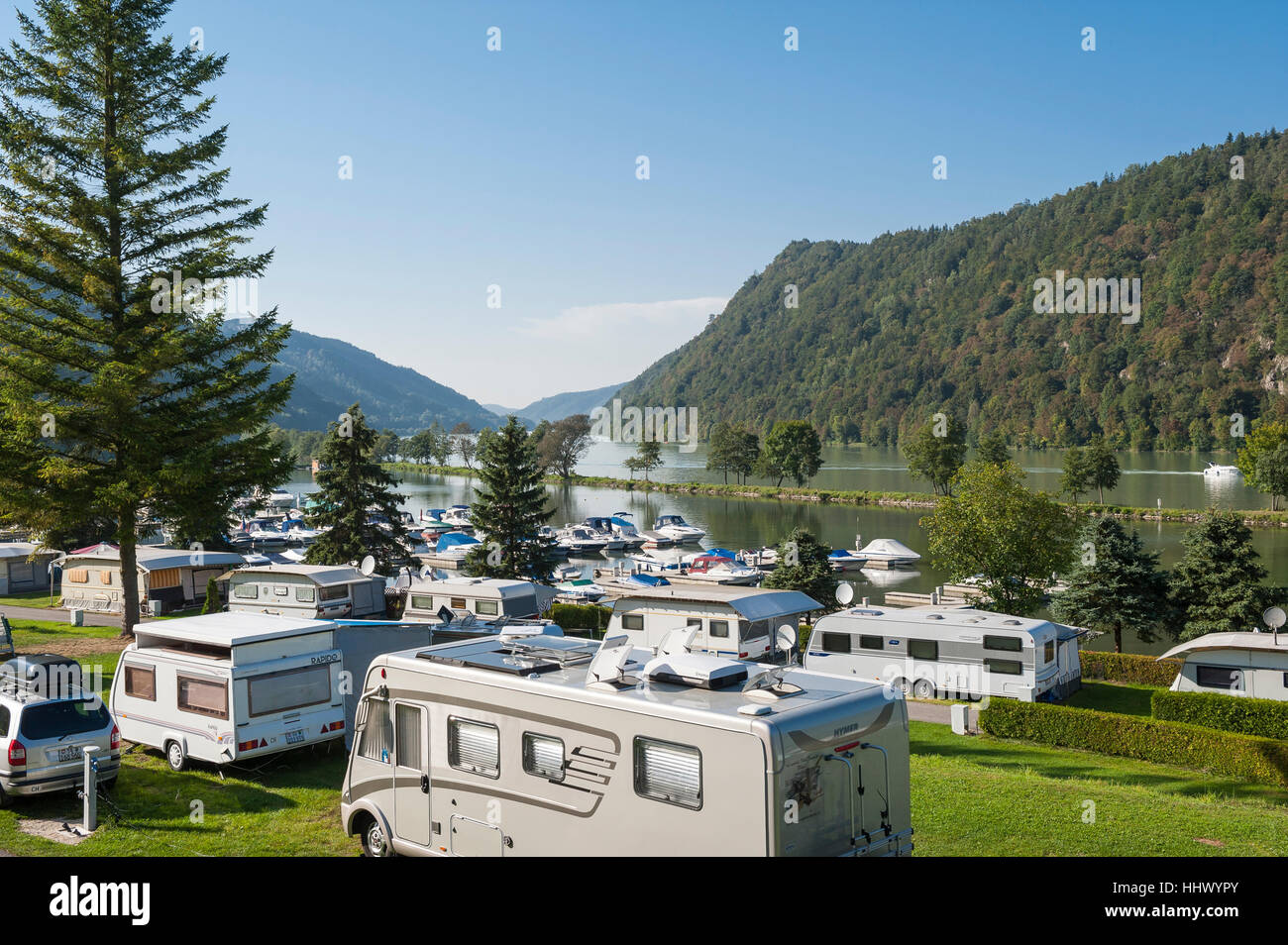 Camping at the bank of Danube river near Haibach ob der Donau, Eferding district, Upper Austria, Austria, Europe Stock Photo