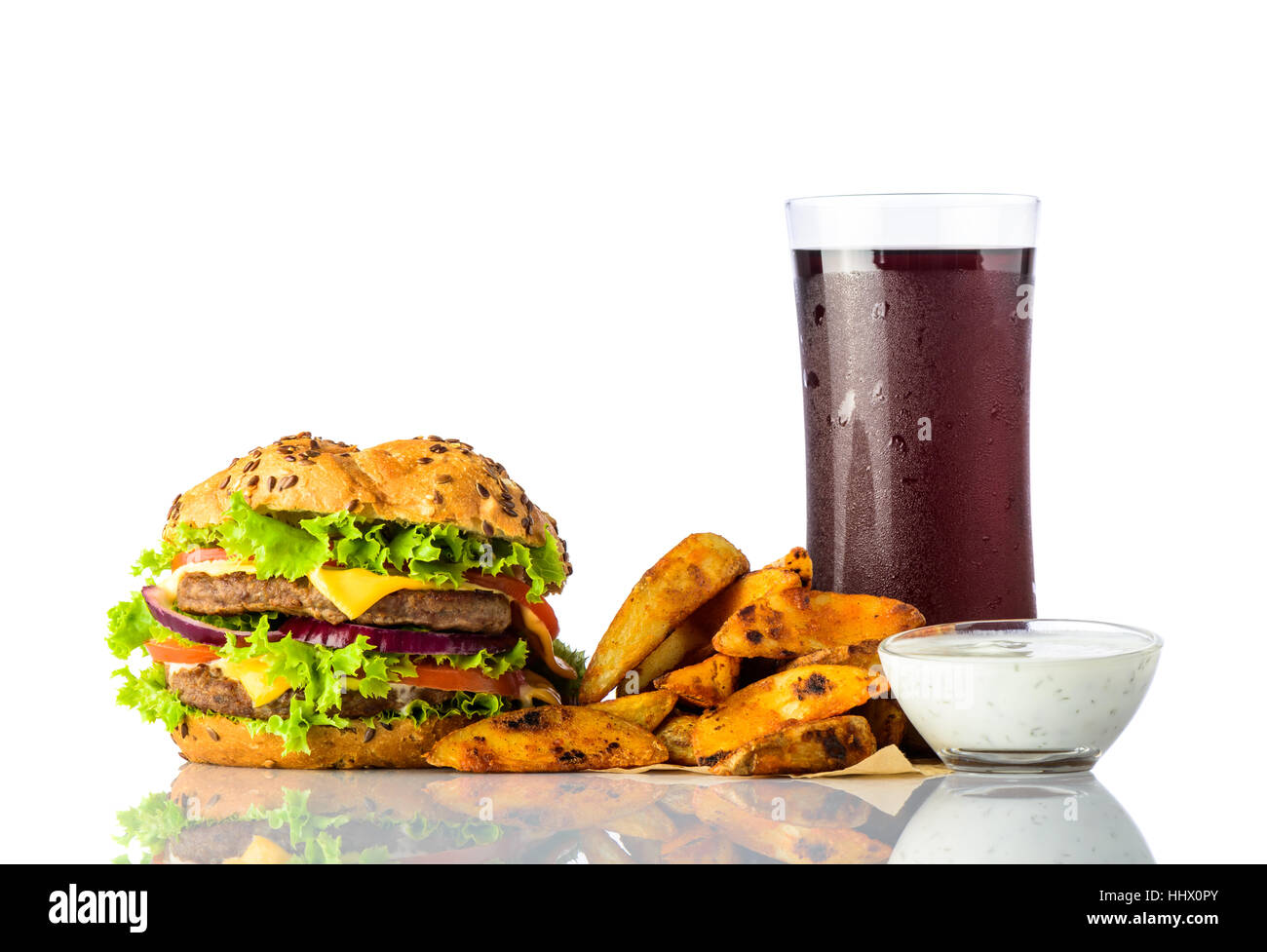 Burger with French Fries, Cold Cola and dipping souce on white background Stock Photo