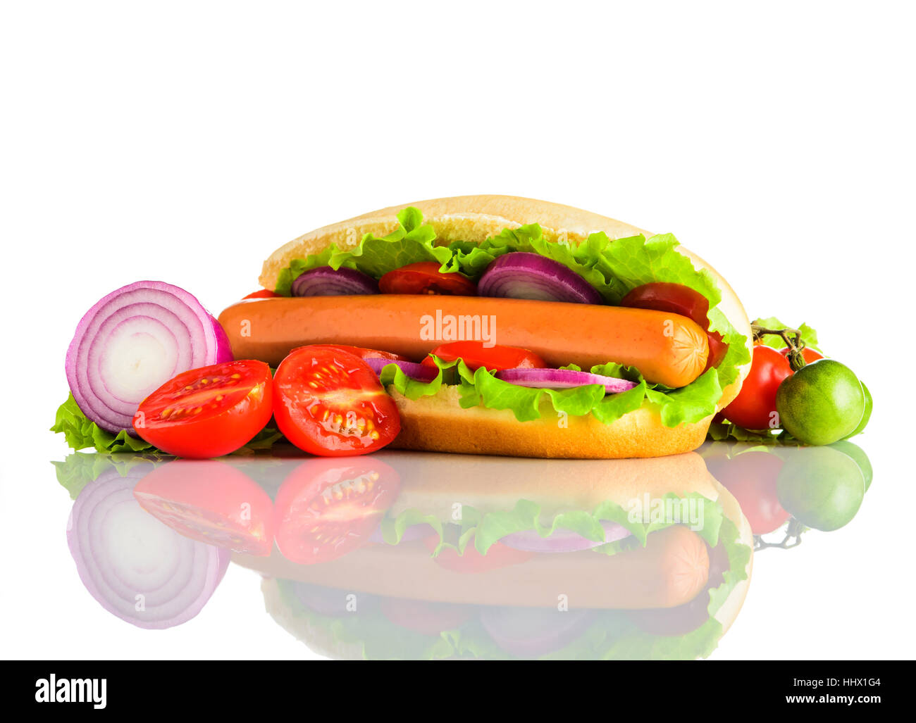 Hot Dog Sandwich with Fresh Vegetables, Sausages and Sliced bun