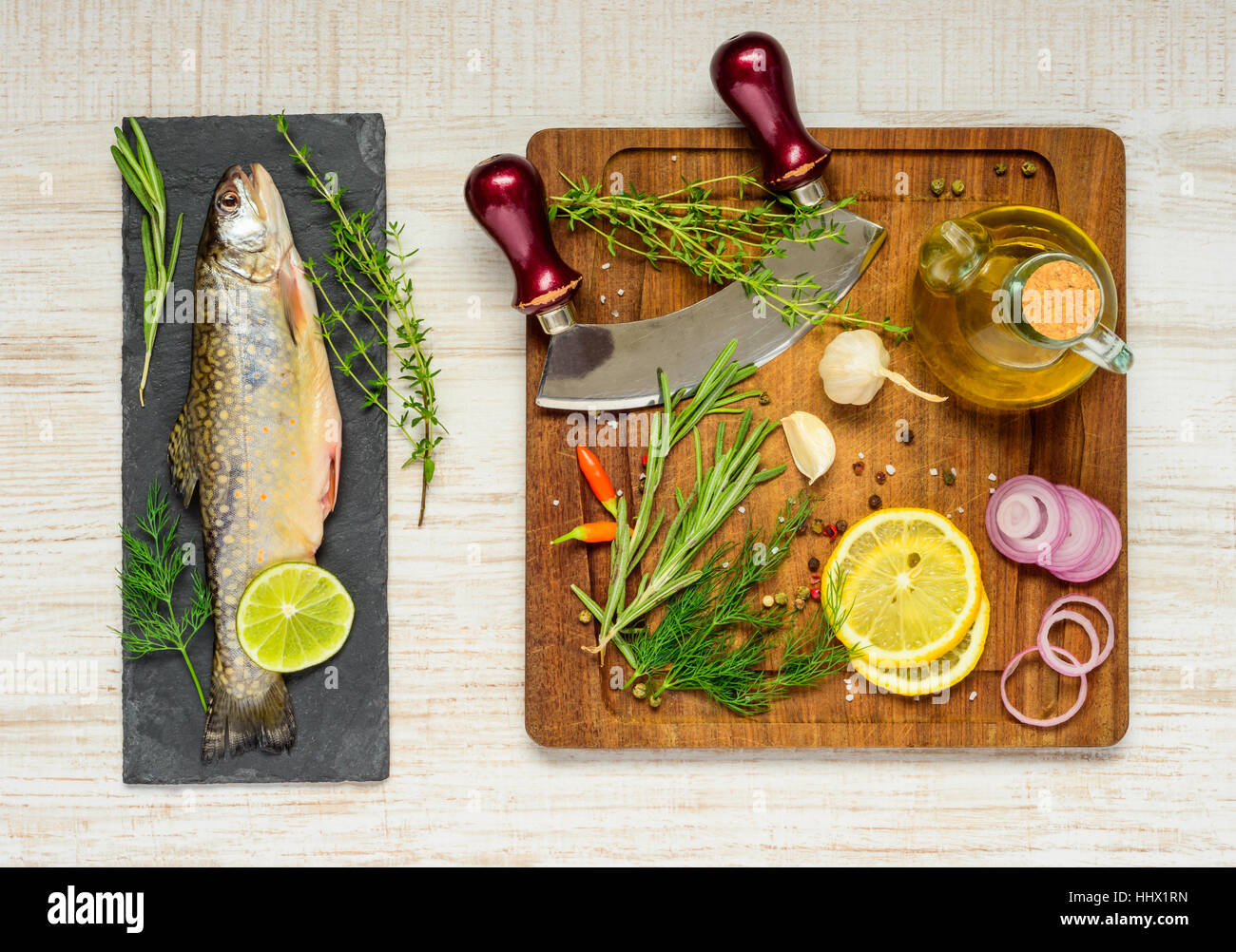 Raw Rainbow Trout Fish with Cooking Ingredients Stock Photo