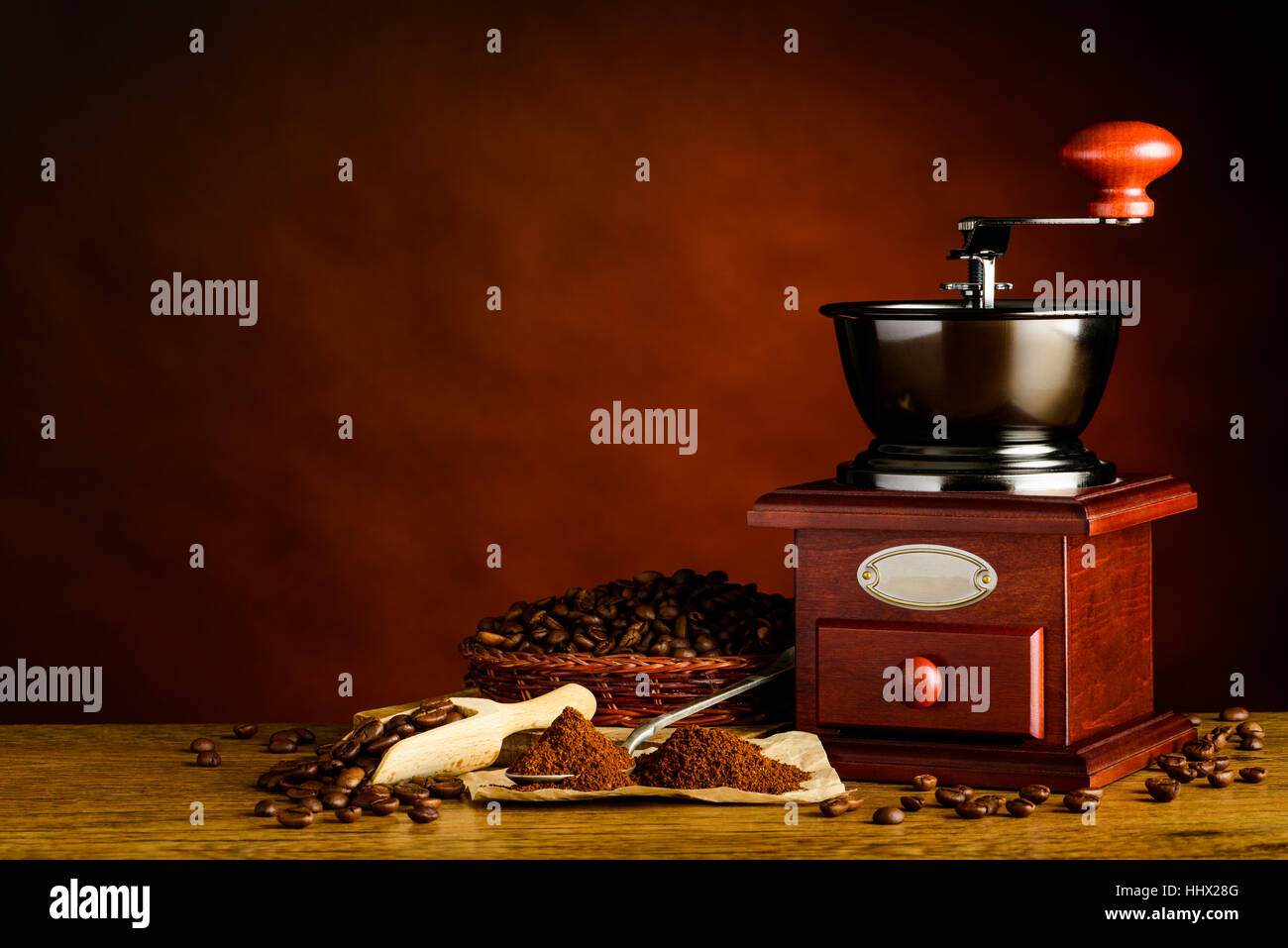 Hand Grinder with Brown Roasted Coffee Beans and Ground on Copy Space ...