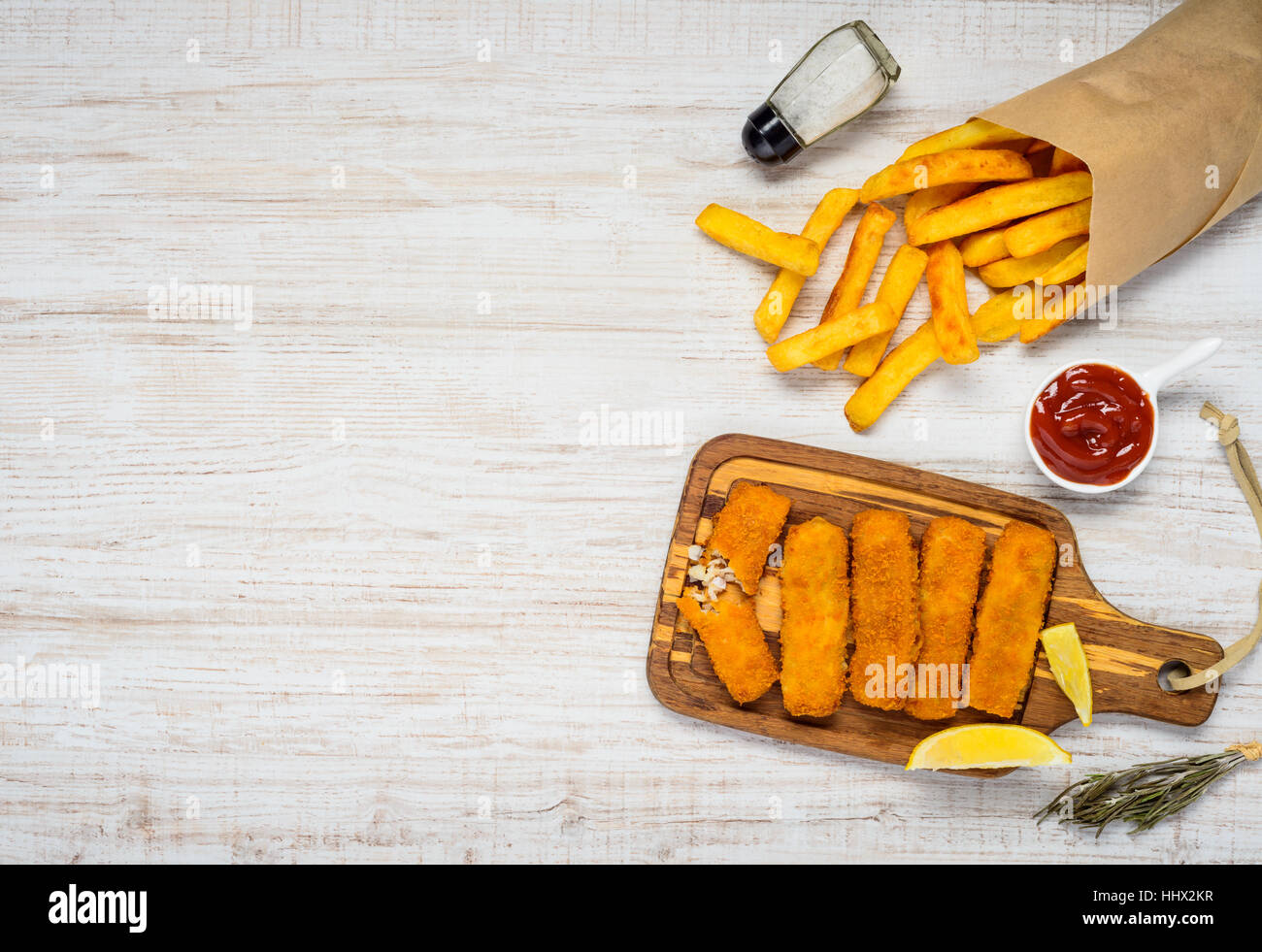 Copy Space with Fish fingers and French Fries and Ketchup Stock Photo