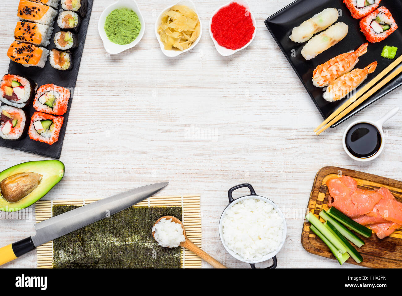 Japanese Cooking Ingredients with Sushi, rice and Nori on Copy Space