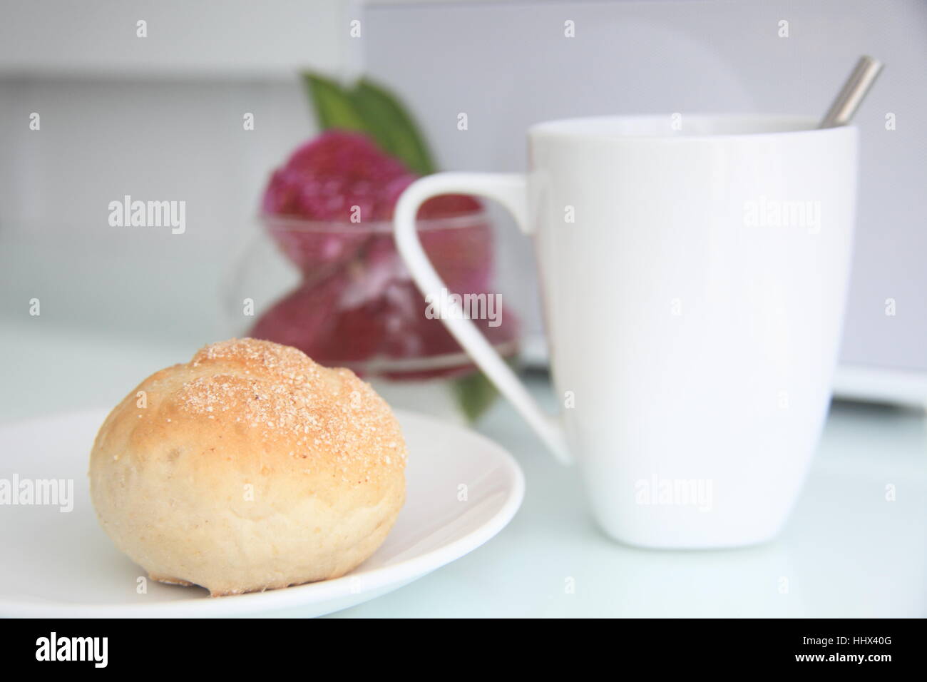 cup, bun, coffee, snack, flower, orchid, plant, white, break, rest, pause, Stock Photo