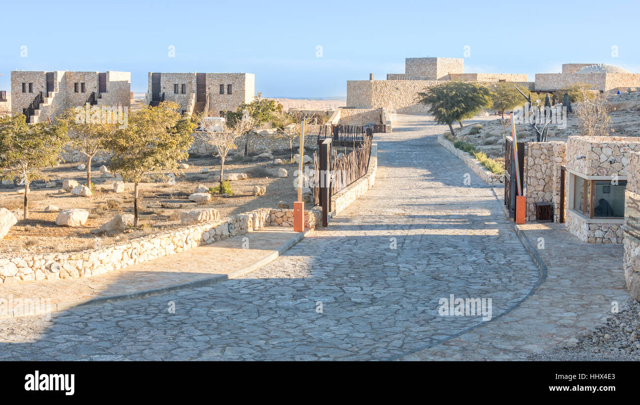 MIZPE RAMON, ISRAEL - DEC. 29, 2016: Entrance to the luxury Hotel Beresheet (Genesis) which is built in harmony with the desert, in Mizpe Ramon in the Stock Photo