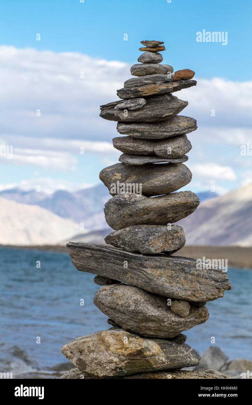 stone pyramid lake,ladakh Stock Photo