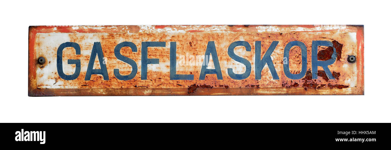 Old swedish sign that says 'Gasflaskor', which means 'Gas cylinders' isolated on white. Stock Photo