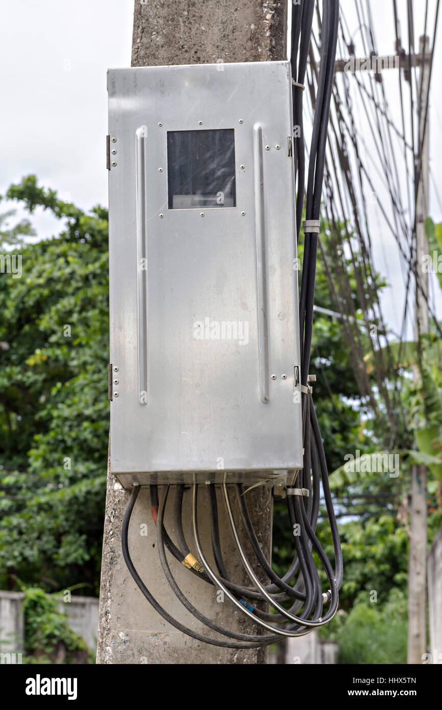 Main circuit box breaker on electricity post (junction box Stock Photo
