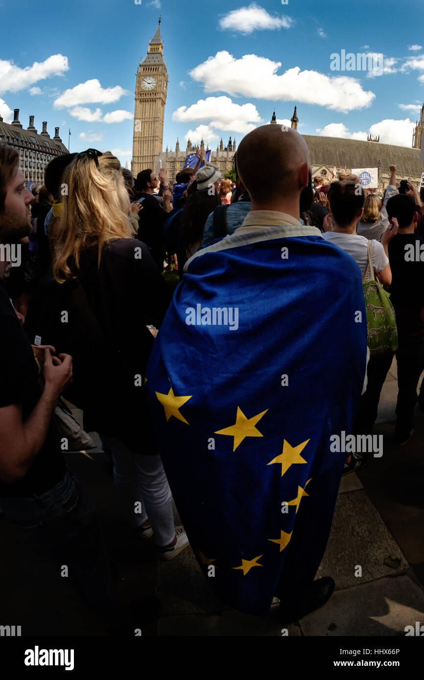 Man in wearing EU flag attends the March for Europe Stock Photo