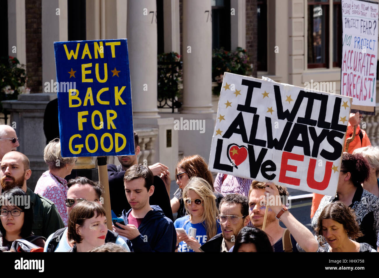 Placards bearing pro European messages are paraded through London at the March for Europe. Stock Photo