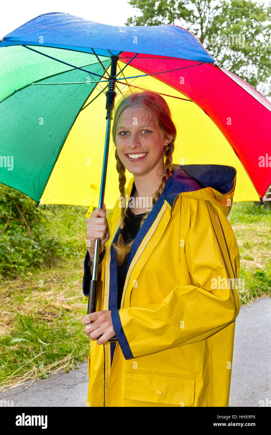 woman, umbrella, raincoat, raincoats, yellow, weather, rain, raining