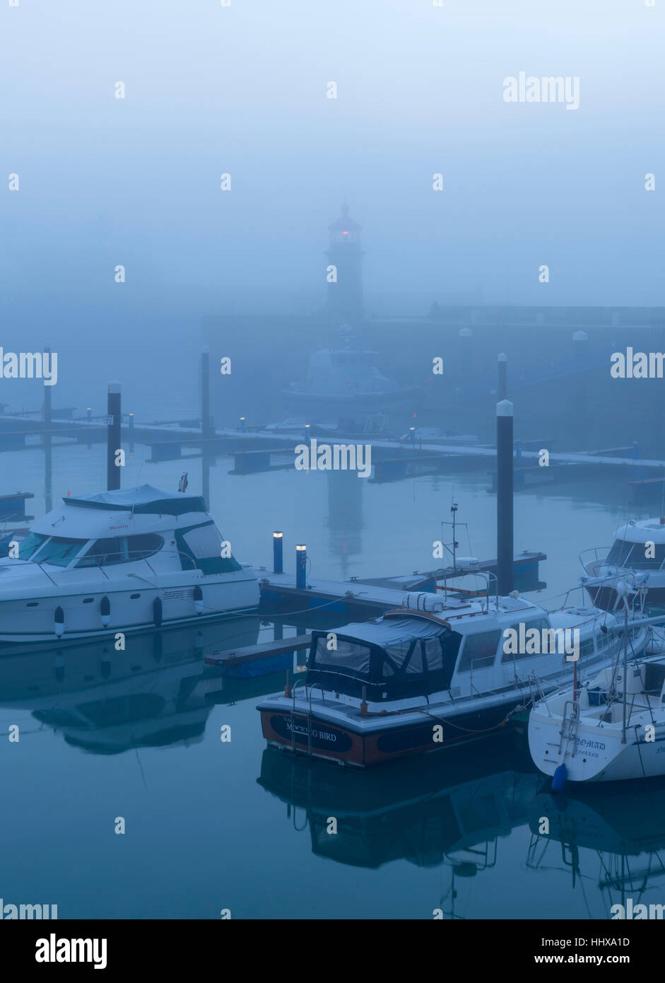 A misty dawn at Ramsgate Harbour, Kent Stock Photo