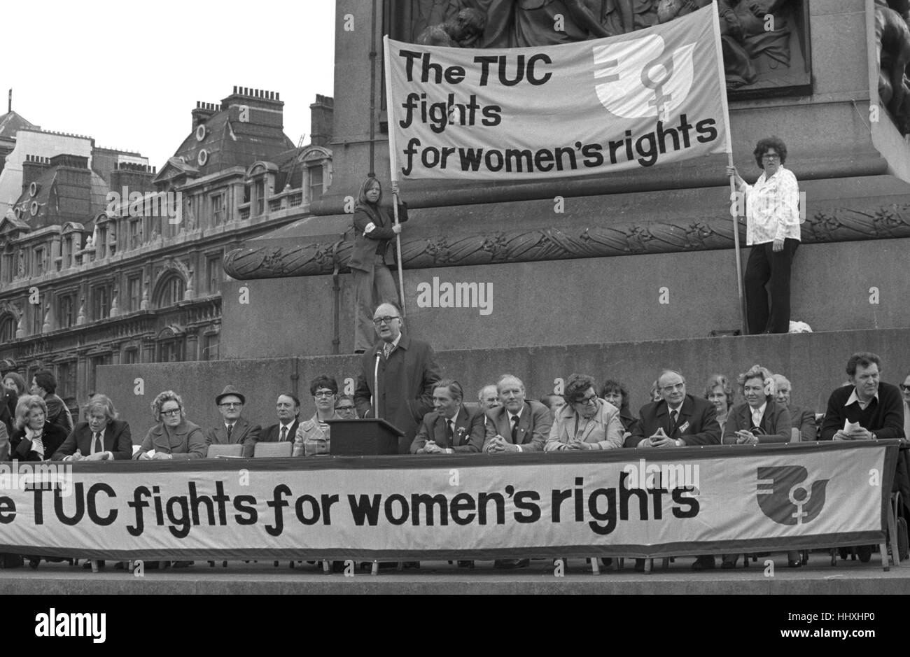 The Trades Union Congress hold a rally in Trafalgar Square, London, in support of International Women's Year. The demonstration followed a march by about 6,000 people, mainly women. Stock Photo