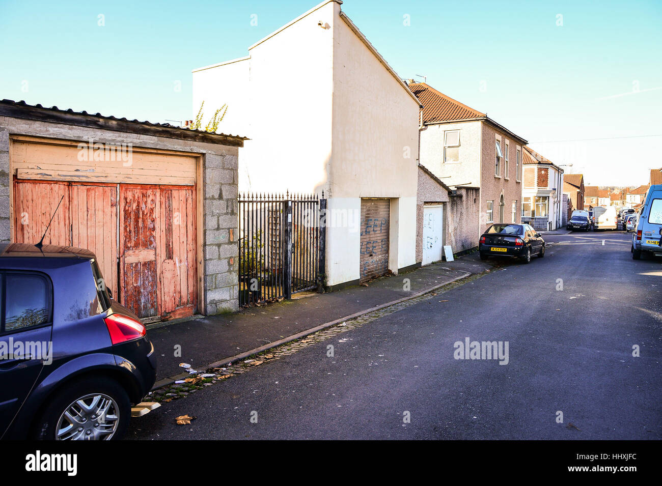 The gated entrance and garages on King Street, Easton, Bristol, where community race relations champion, Judah Adunbi was hit with a stun gun by police. Stock Photo