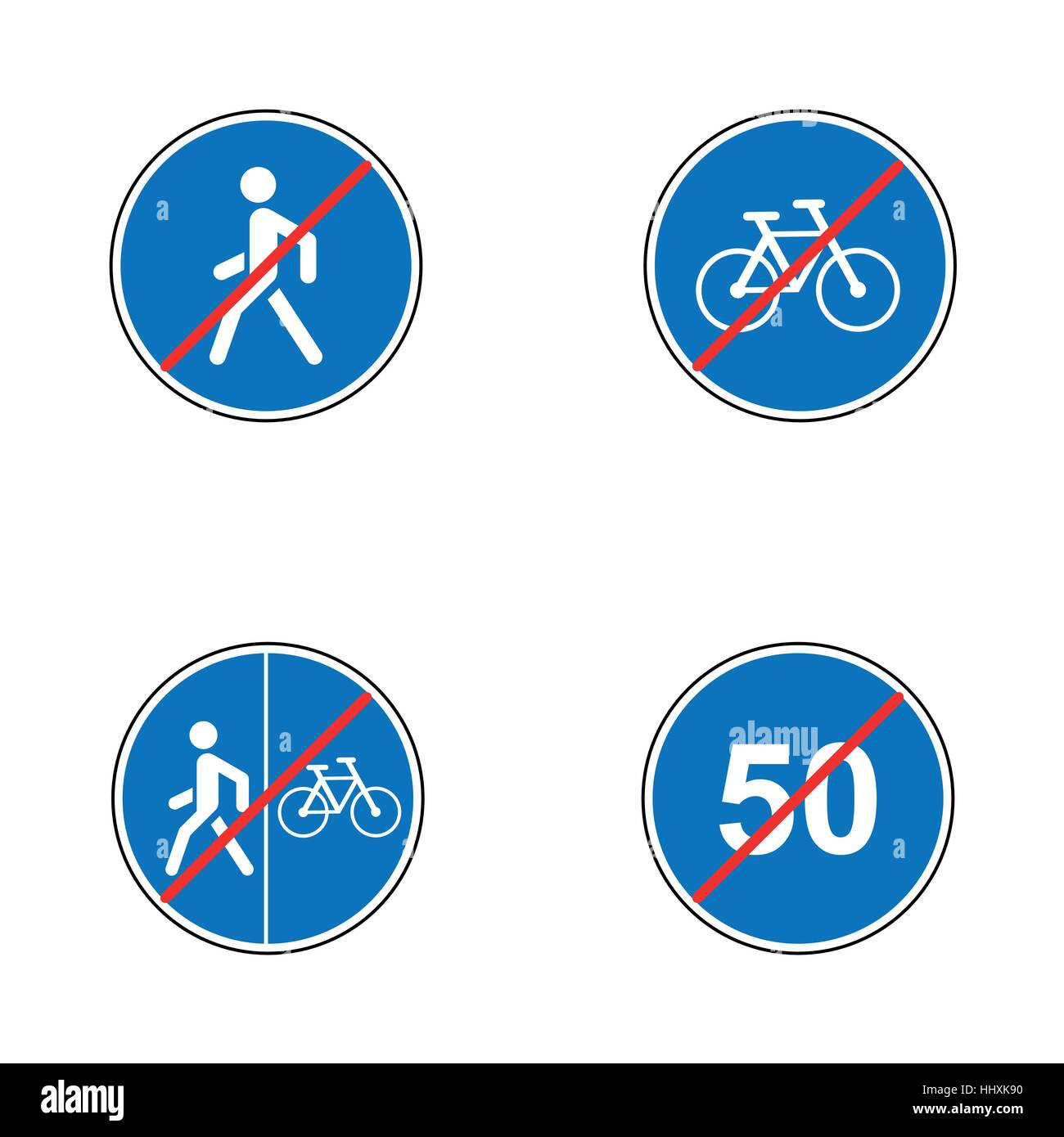 Set of road signs. Signboards. Collection of traffic signs. Vector illustration. End of speed limit, bikes, pedestrian route Stock Vector