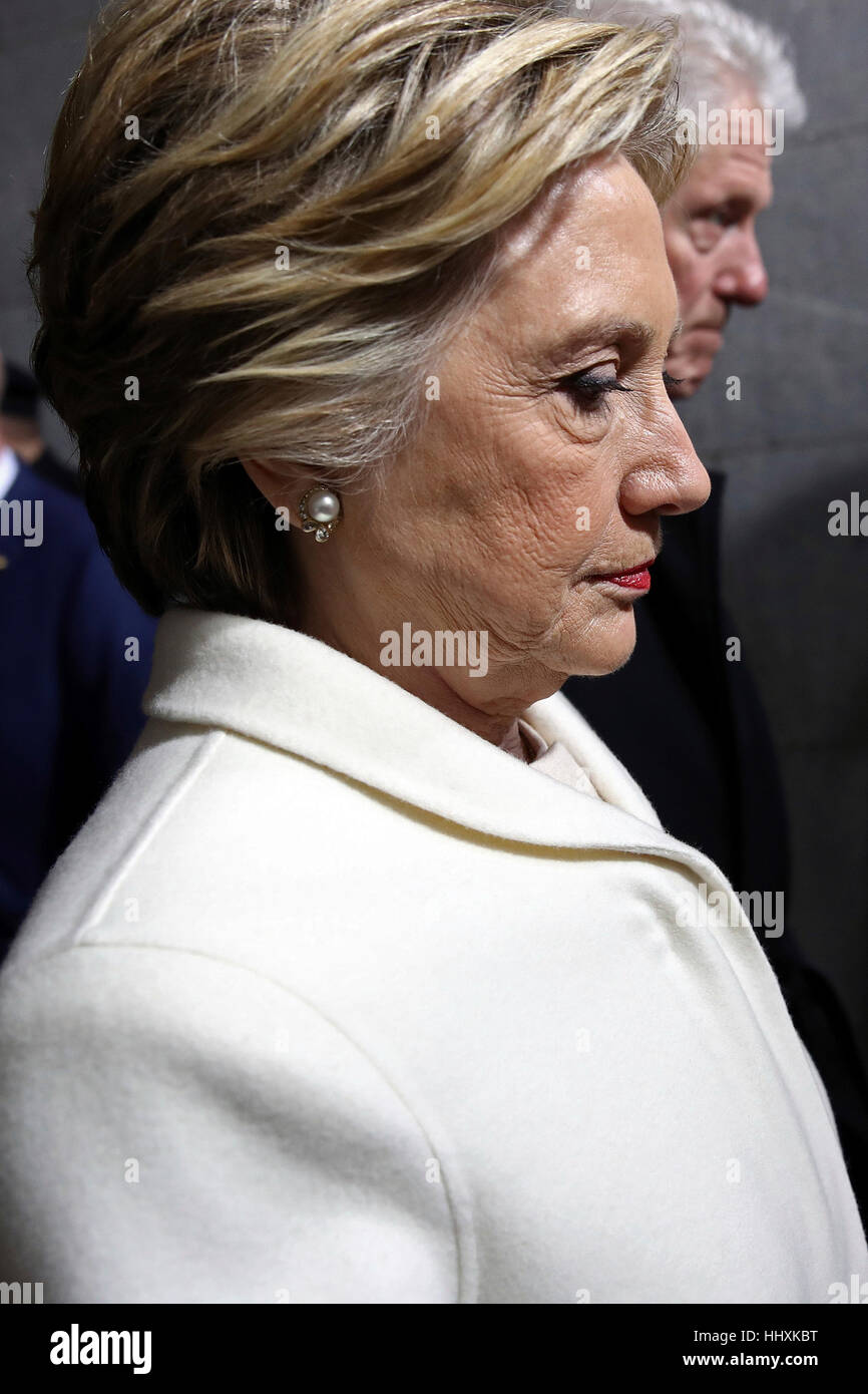 Former Sen. Hillary Clinton and former President Bill Clinton arrive on the West Front of the U.S. Capitol on Friday, Jan. 20, 2017, in Washington, for the inauguration ceremony of Donald J. Trump as the 45th president of the United States. (Win McNamee/Pool Photo via AP) Stock Photo